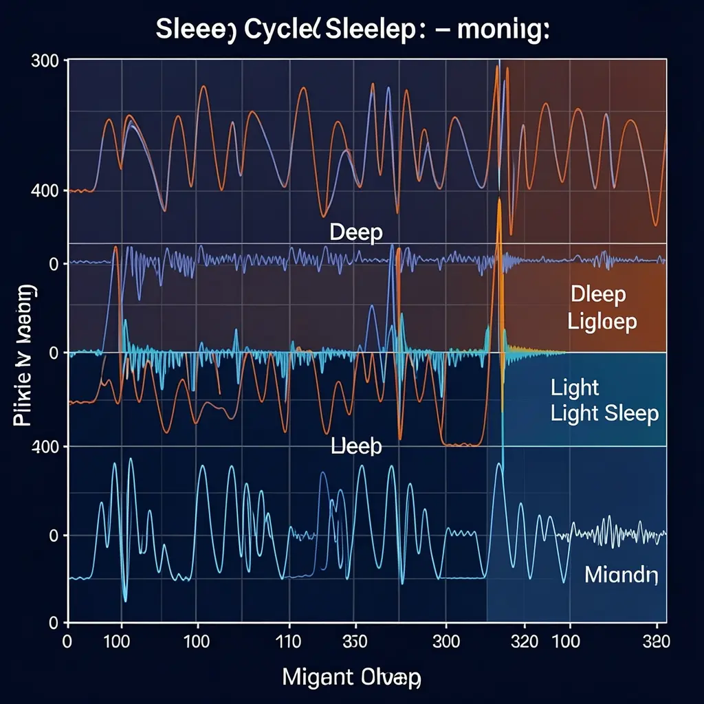 Graph showing sleep cycle wave patterns with deep and light sleep stages throughout the night